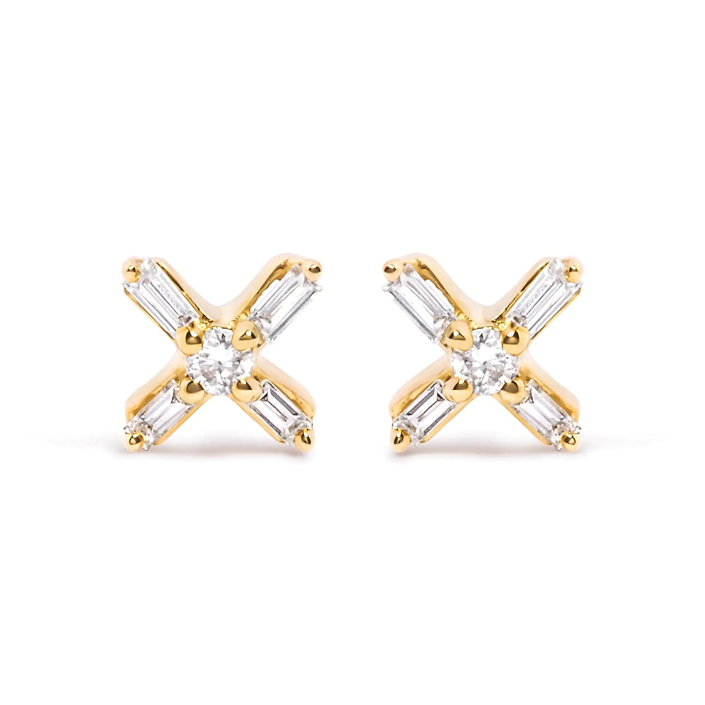 10K Yellow Gold 1/10 Cttw Round and Baguette Diamond Criss Cross X Stud Earring (H-I Color, I1-I2 Clarity)