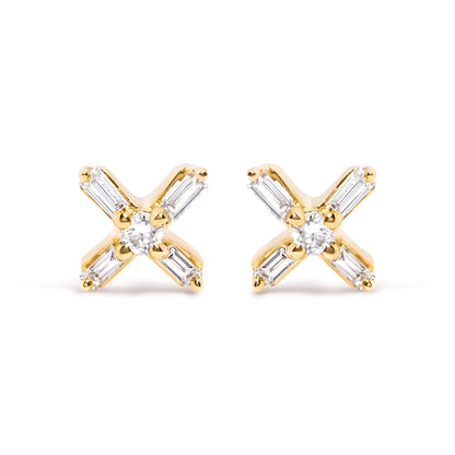 10K Yellow Gold 1/10 Cttw Round and Baguette Diamond Criss Cross X Stud Earring (H-I Color, I1-I2 Clarity)