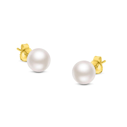 14K Gold Round White Saltwater Akoya Cultured Pearl Stud Earrings AAA+ Quality - Choice of MM Size