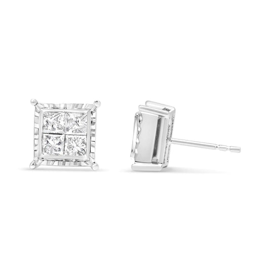 14K White Gold 1 1/2 Cttw Invisible Set Princess-Cut Diamond Contemporary Wavy Quad Stud Earrings (I-J Color, I1-I2 Clarity)